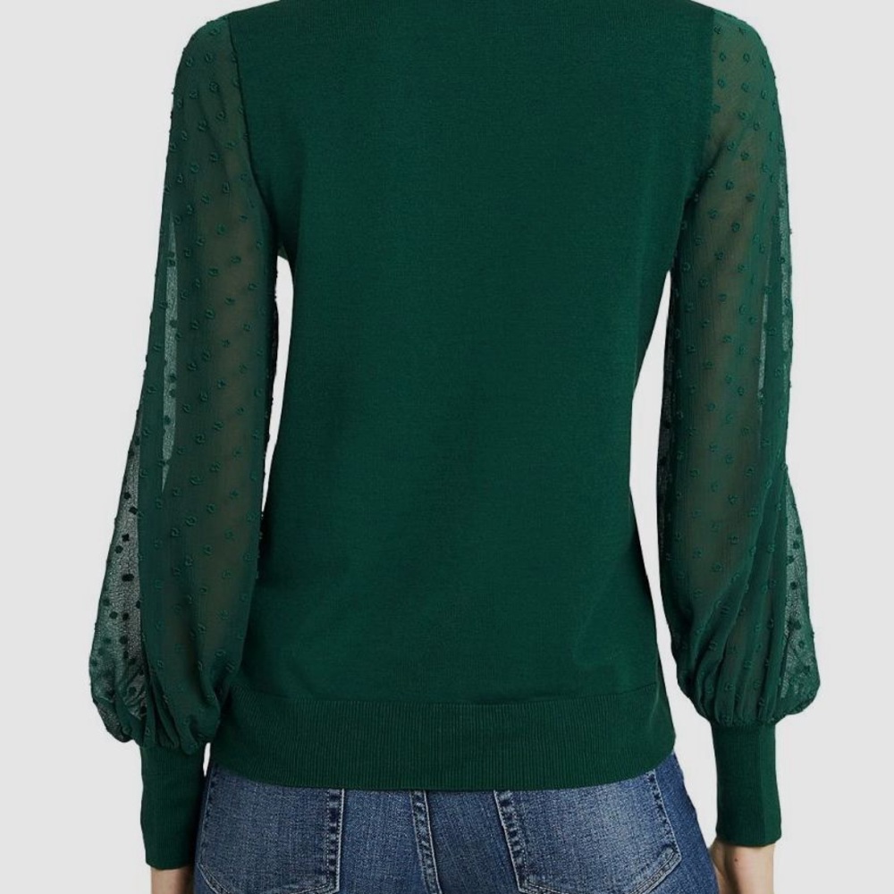 🍁CeCe Green Sweater with Sheer Swiss Dot Sleeves - Picture 2 of 6